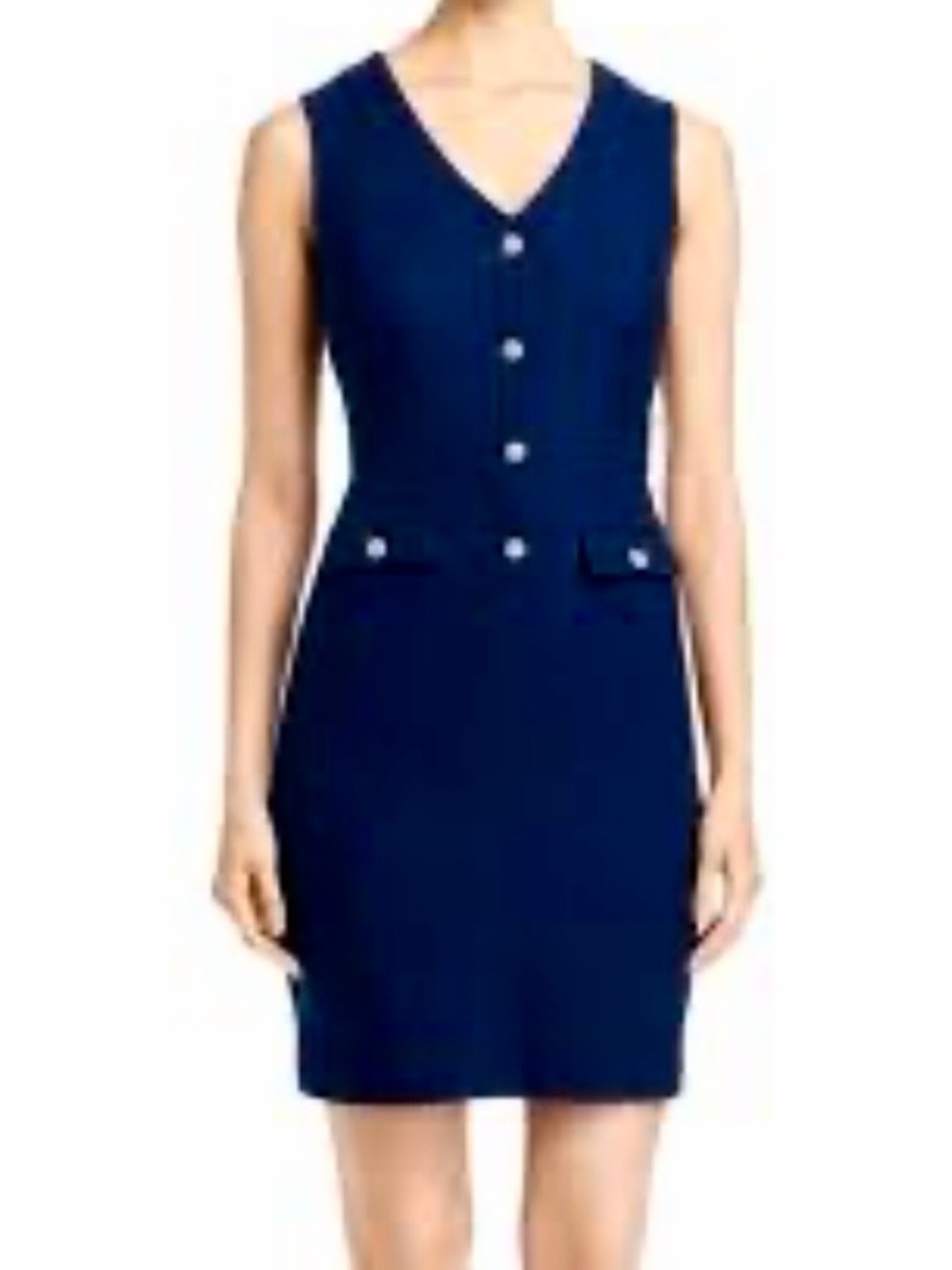Karl Lagerfeld Paris Navy Blue Tweed Dress 12 Shift Gold Buttons Preppy Chic NWT